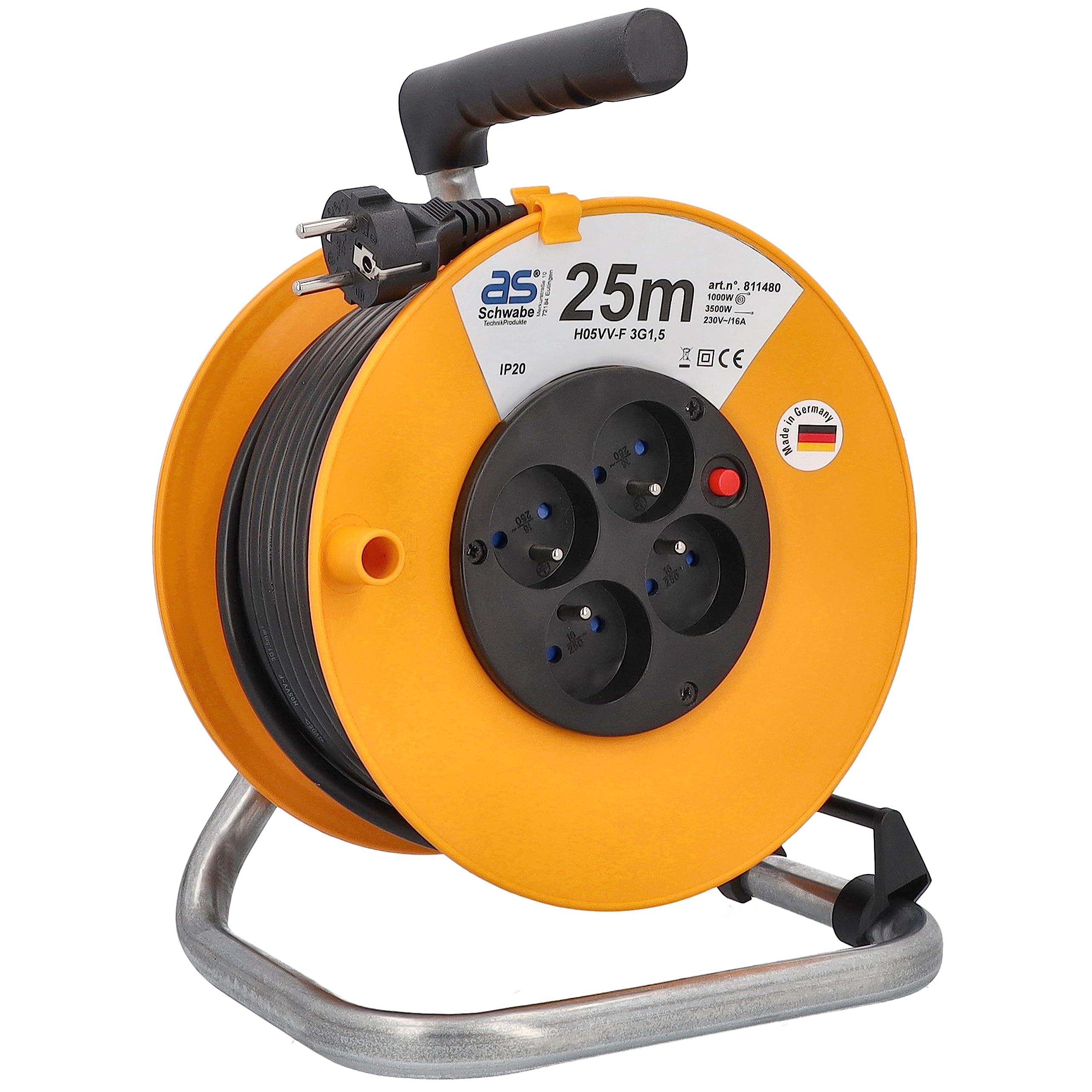as - Schwabe enrollacables 25 m, IP20 para interiores, 4 tomas NF, Interruptor térmico, Made in Germany