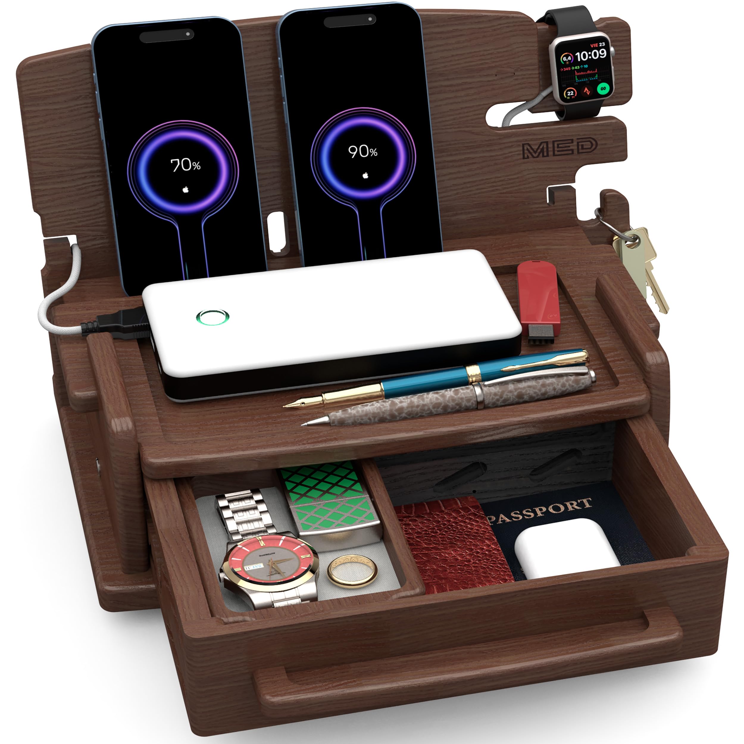 MED Wood Phone Docking Station for Men with Drawer — Nightstand & Desk Organizer for Husband & Dad — Key Holder, Wallet Stand, Watch Holder (Dark Walnut)