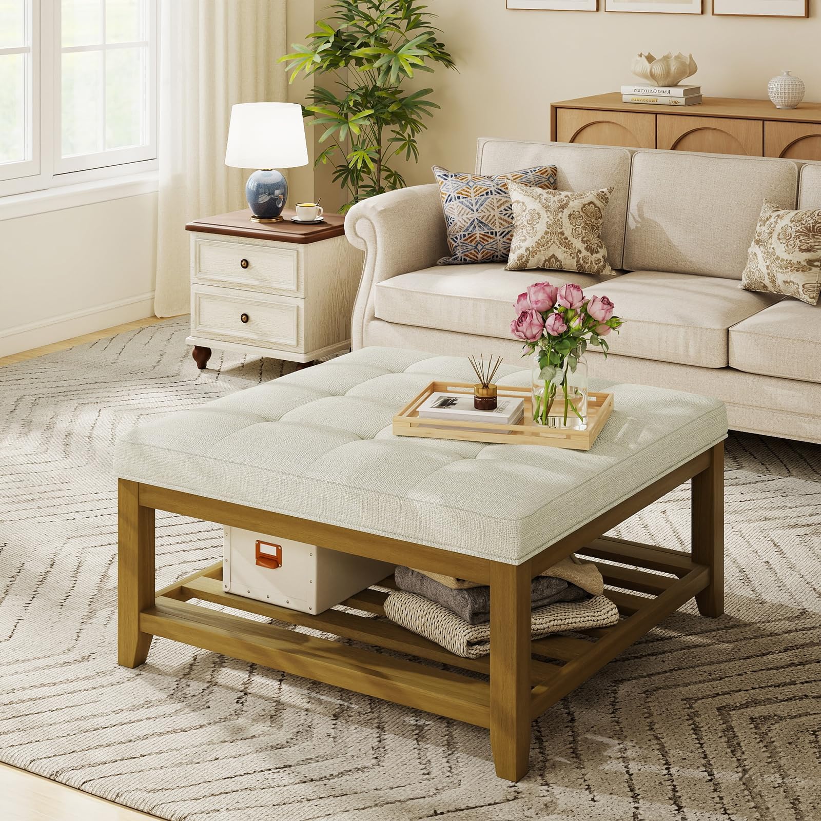 Befurtori Ottoman with Storage Bench, Linen Ottoman Coffee Table, Ivory | Solid frame for added stability, 29-inch storage ottoman cushion is more comfortable, Supports up to 400 pounds, Hand-tufted