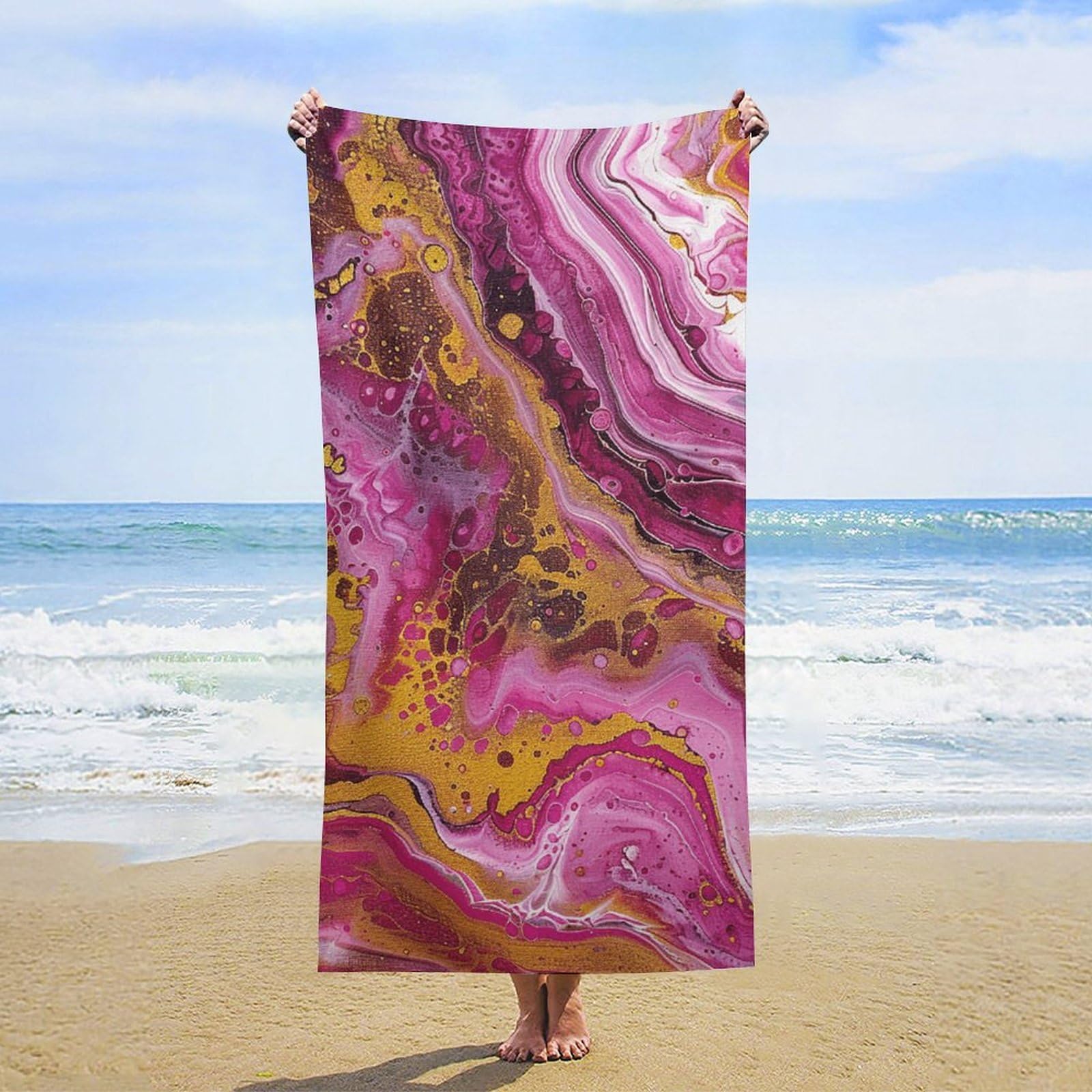 NTVOWPZO Red and Gold Swirl Beach Towel Oversized Microfiber Bath Towels Lightweight Sand Proof Beach Towels Absorbent Pool Towels for Swimming Yoga Bathroom Towel 31.5" X 63"