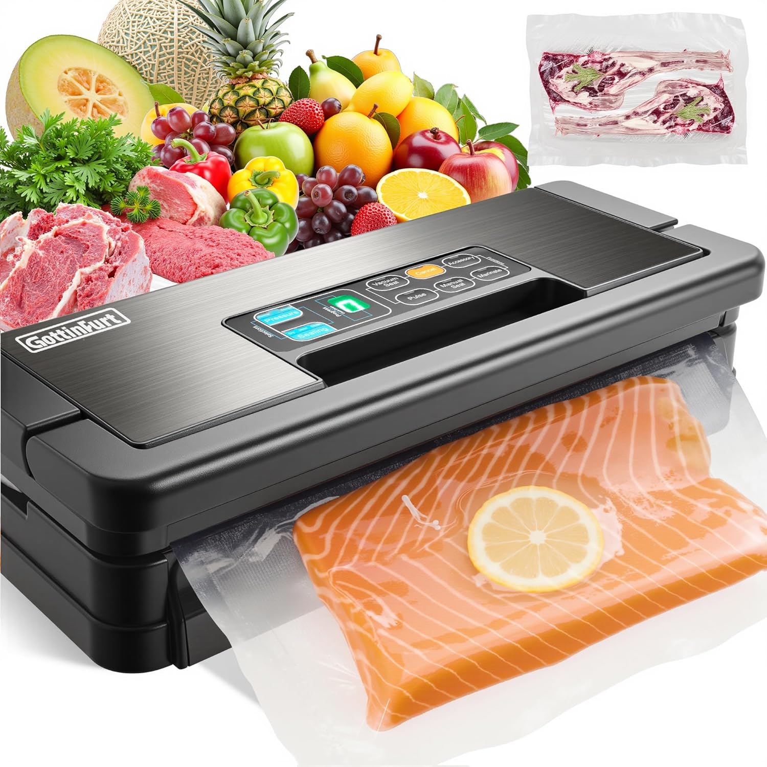 2025 Upgraded 95Kpa Vacuum Sealer Machine, 10-in-1 Pro Food Vacuum Sealer with Bags & Roll, Food Saver Vacuum Sealer with 130W Dual Pump Motor, Double Heat Seal, Built-in Cutter & External Hose