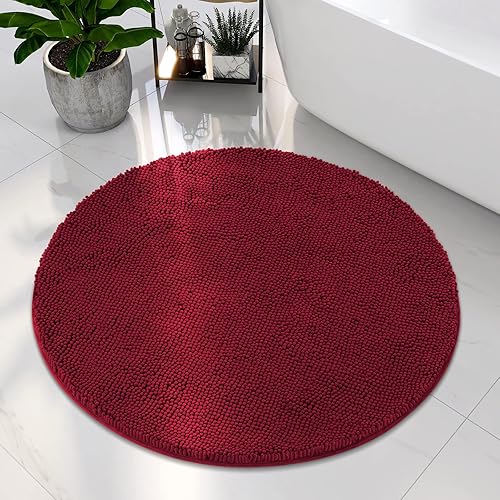 HOMEIDEAS Alfombra de baño redonda, felpilla de lujo, extra suave y absorbente, antideslizante, lavable a máquina (rojo borgoña, 3 pies)