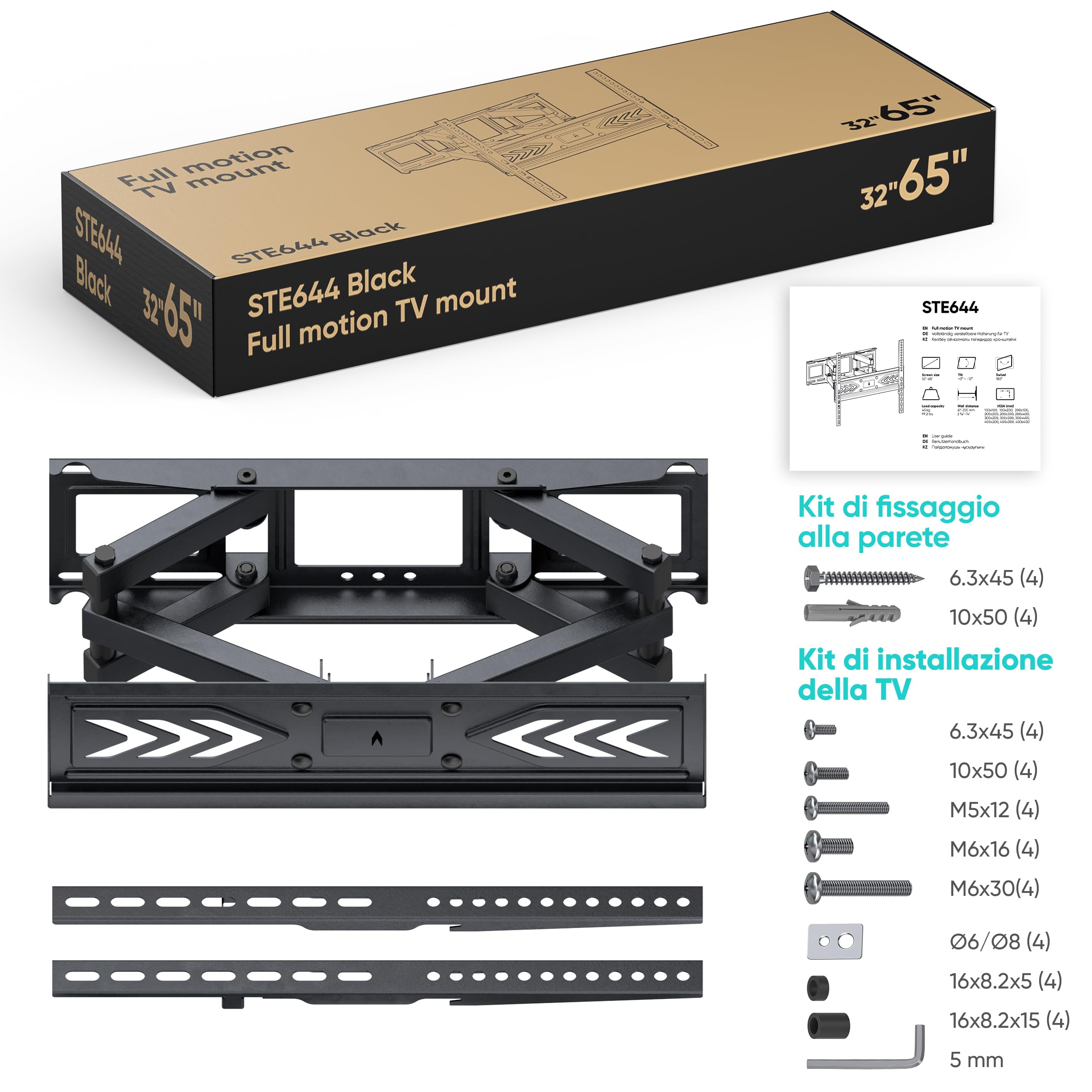 Supporto da Parete per TV da 32 a 65 pollici - Staffa Porta TV con Peso fino a 45 kg - Supporto per TV a Muro con VESA 100x100-400x400 / Staffa per TV Muro Girevole e Inclinato STE644-B Nero