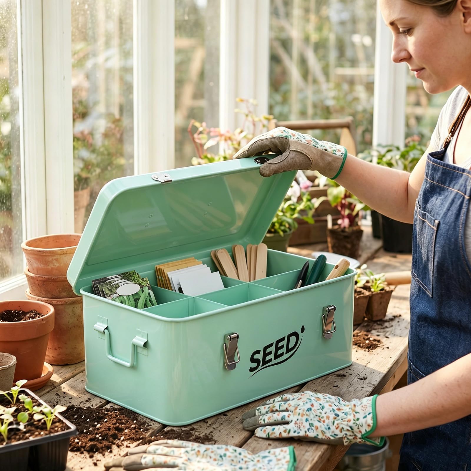 Toddmomy Caja para Paquetes de Semillas con separadores - Organizador de 4 Compartimentos con asa - Contenedor para la colección de Semillas de Plantas y Flores (Verde Claro)