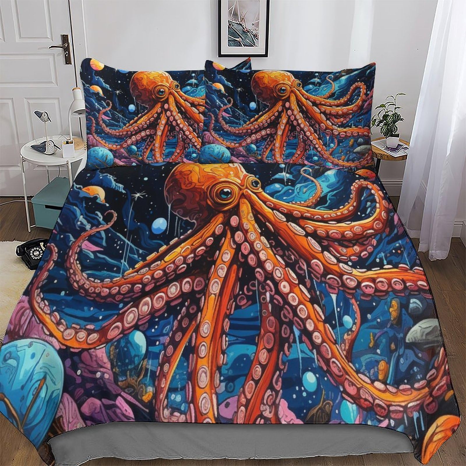 Housse de couette poulpe 200x200cm avec 2 taies d'oreiller en microfibre