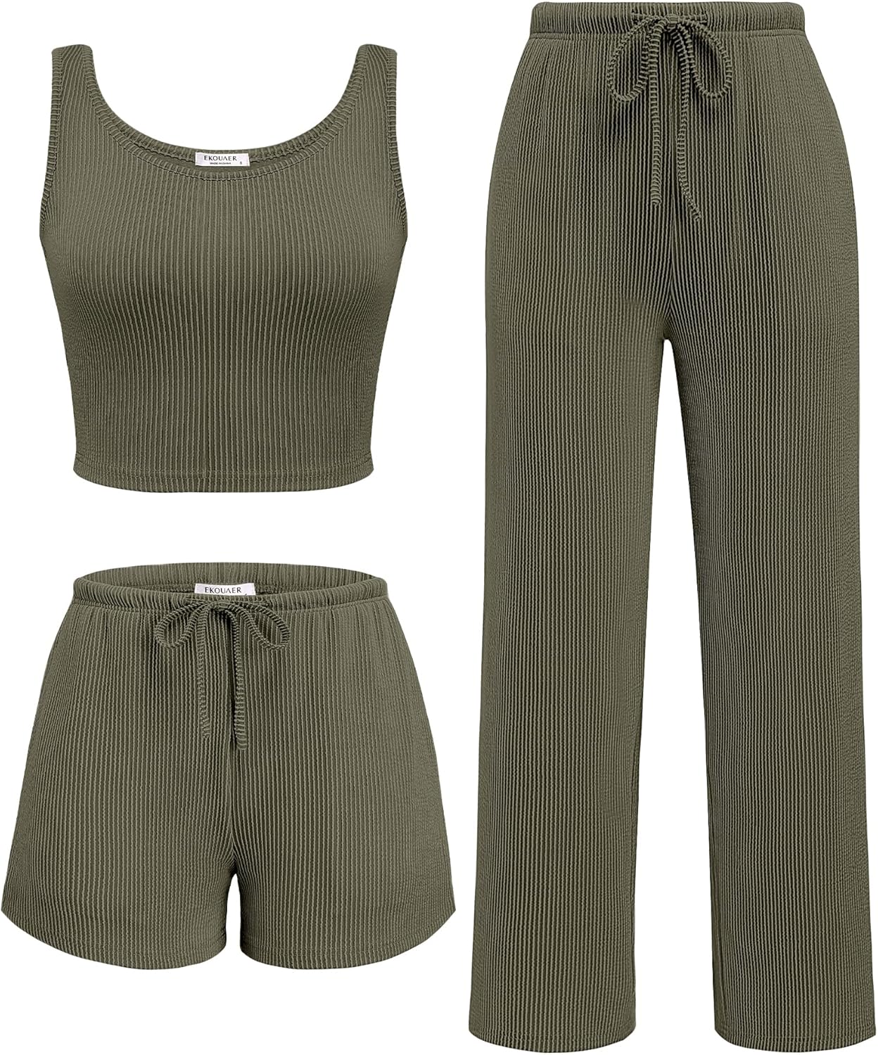 Ekouaer Women's 3 Piece Lounge Set Soft Twisted Rib Knit Summer Vacation Outfits Crop Top Shorts & Pants Set With Pokcet