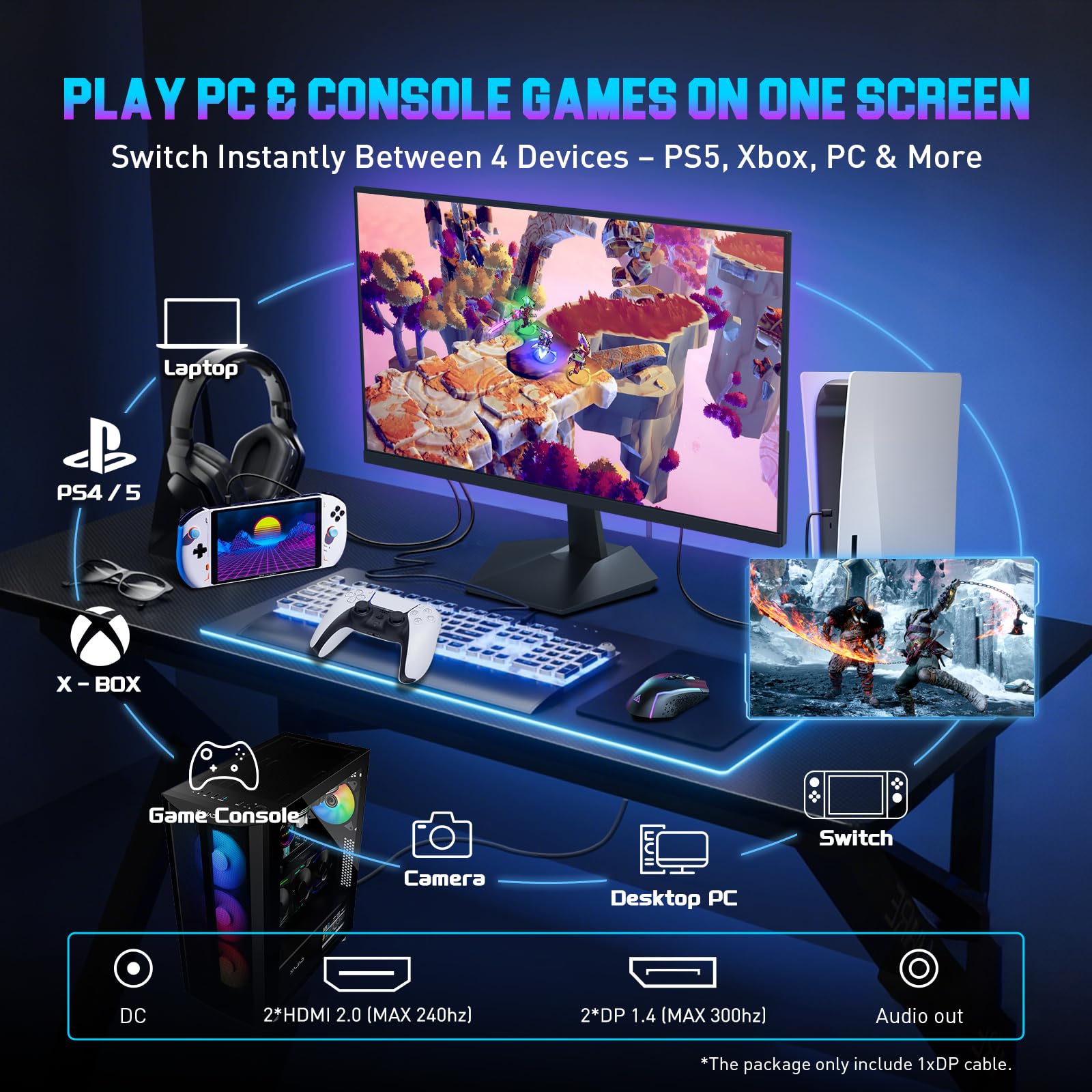 SANSUI - Monitor da gioco, 24,5", 300Hz 240Hz FHD 1080P 1ms FPS PC, HDR, FreeSync, DisplayPort x2 HDMI x2, Fast IPS, 120% sRGB, Jack audio, supporto VESA, compatibile