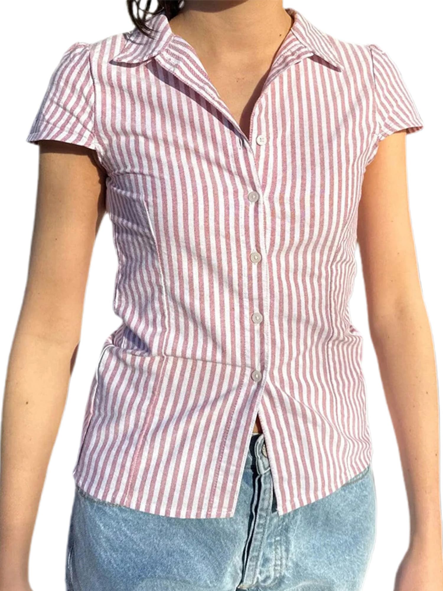 Women Y2K Button Down V-Neck Shirt Tee Summer Slim Lapel Collar Peplum Short Sleeve Plaid Crop Tops Streetwear (C Pink, S)