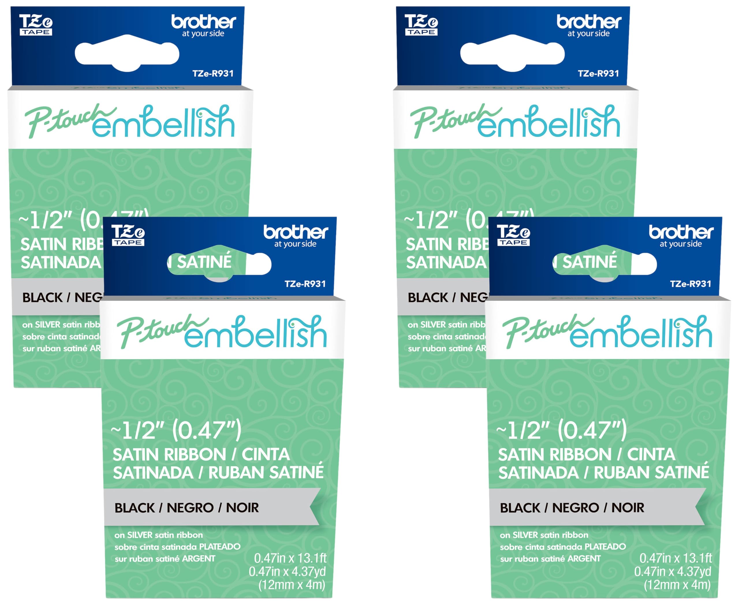 Brother P-Touch Embellish Black Print on Silver Satin Ribbon TZER931 – ~½” Wide x ~13.1’ Long for use with P-Touch Embellish Ribbon &amp; Tape Printer (Pack of 4)