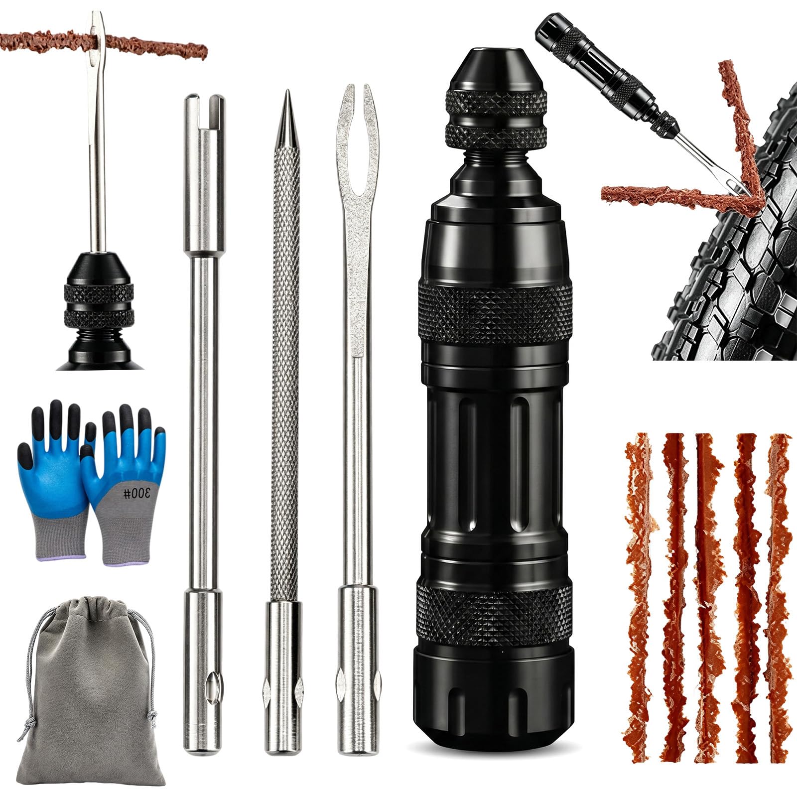 Syeefula Tubeless Tire Repair Kit in an Aluminum Case, Tubeless Tyre Repair Kit Bicycle, Bike Tubeless Tyre Puncture Plugger Kit, for Road Trip Outdoor (1black)