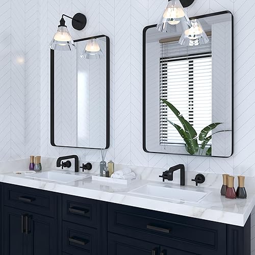 Miniatura 6 de VocalStar Espejo de baño negro para pared, 24 x 36 pulgadas, rectangular redondeado con marco de metal, espejo de tocador de pared de baño, espejo