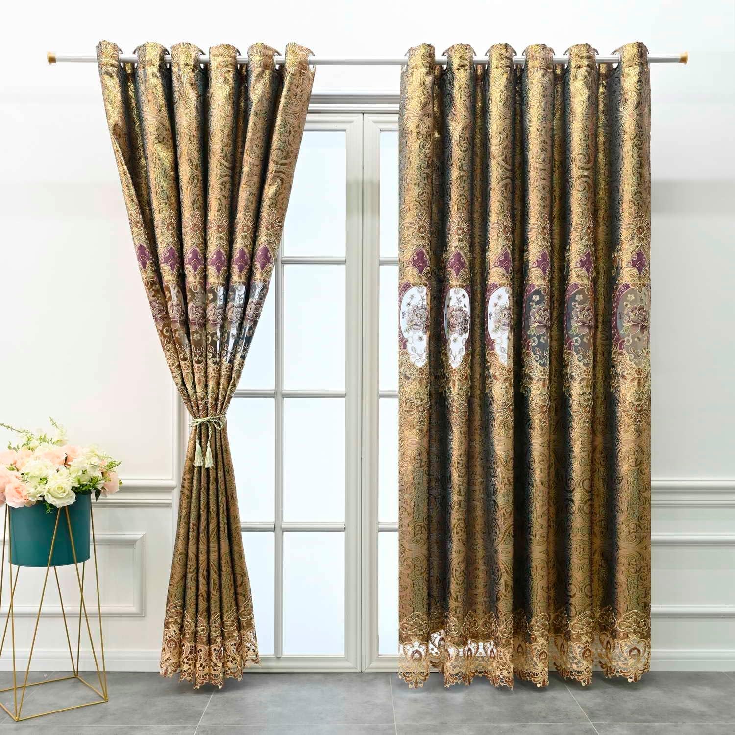 Luxury Waterfall Red Burgundy Gold Brown Swag Valance Royal European Design for Window Treatment Rod Pocket Top 1 Piece 59 inches Wide