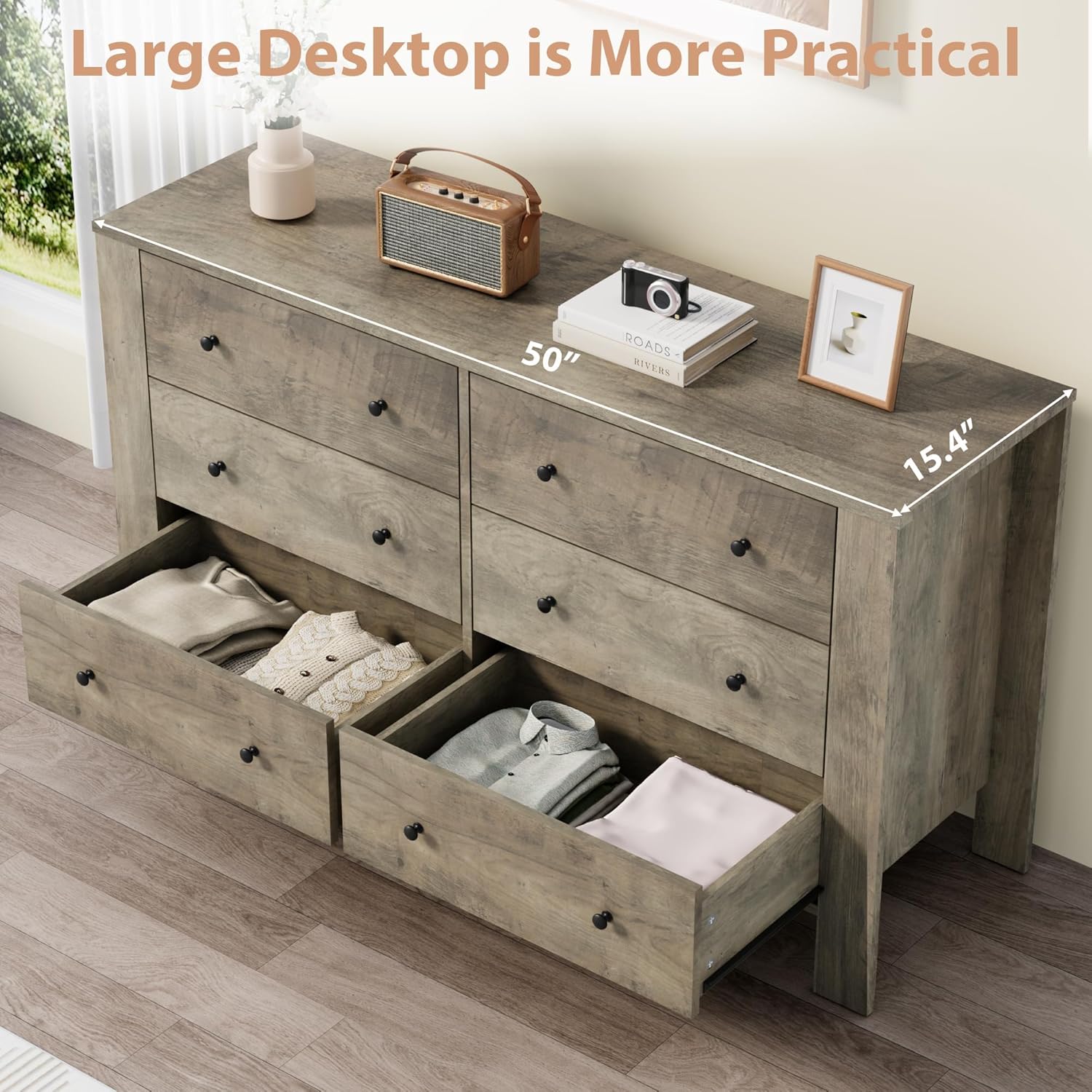 GarveeHome Grey 6 Drawer Dresser for Bedroom, Modern Wide Dresser Organizer with Storage Drawers, Wooden Chests of Drawers for Bedroom, Entryway, Hallway, Home Office