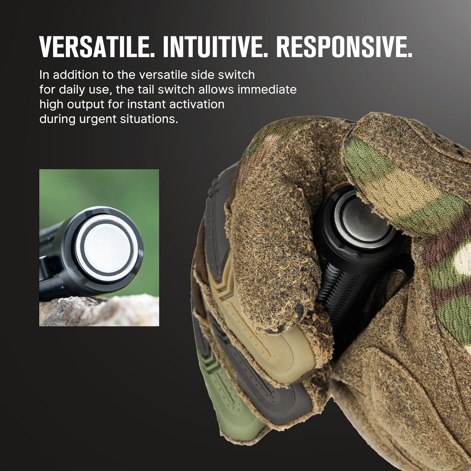 Close-up of the side switch and a hand operating the tail switch