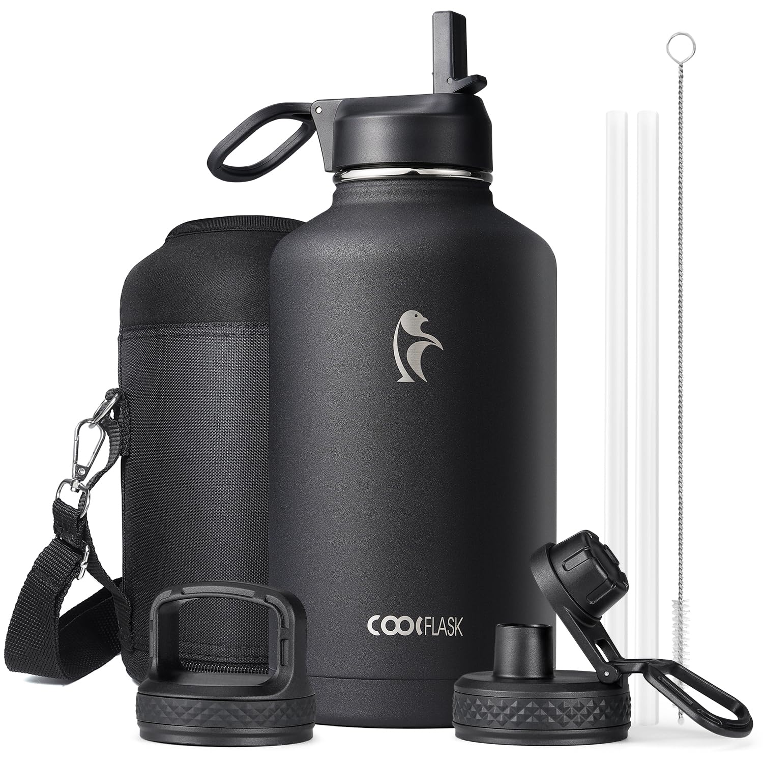 Coolflask Insulated Water Bottle 2L, 3 Lids with Straw & Spout & Handle