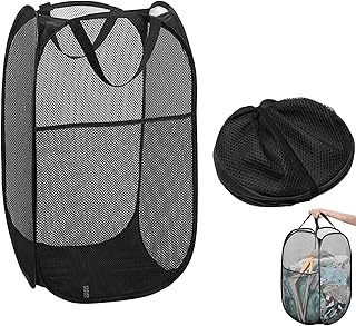 Large Washing Basket Collapsible Mesh Collapsible Washing Basket Pop up Laundry Hamper Basket with Side Pocket Laundry Hampers Mesh Laundry Baskets with Handles for Bathroom College Dorm Black