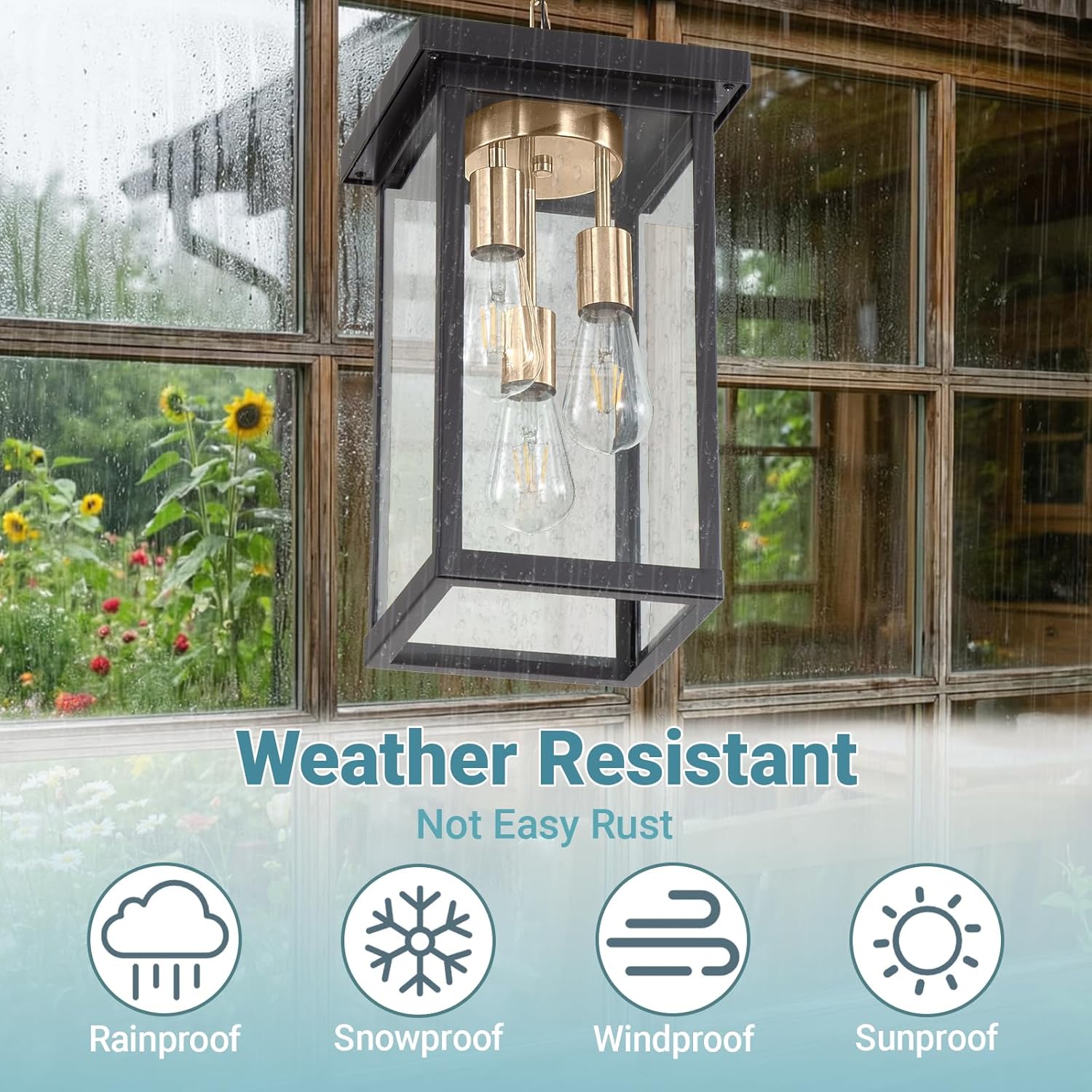 LOUSACE 16.1'' Large Outdoor Pendant Light Fixtures 3-Lights Brushed Brass & Black Outdoor Chandelier Exterior Hanging Porch Light Fixtures, Outside Pendant Porch Light Lantern for Entrace Balcony