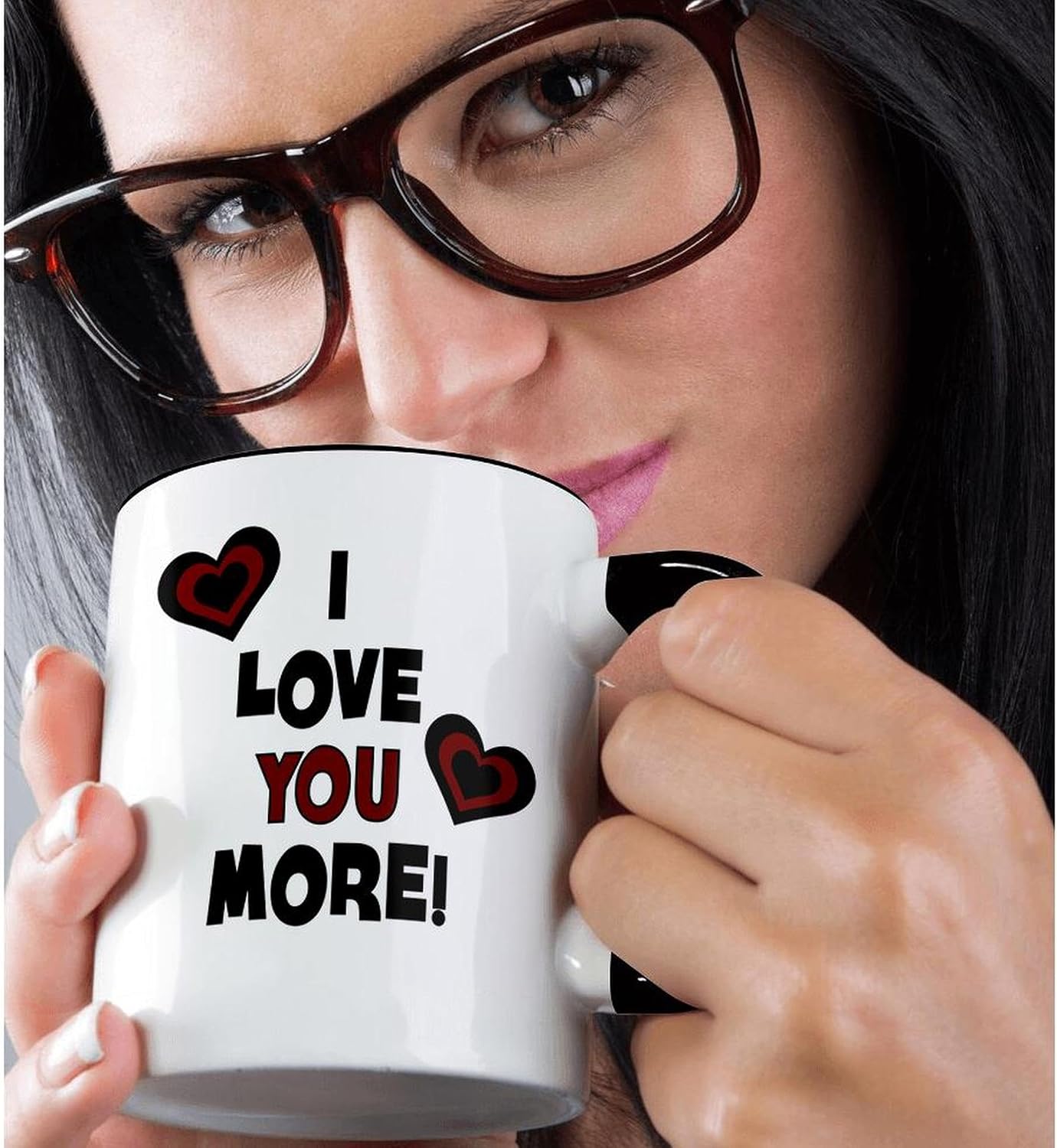 3dRose mug_211127_4 I Love You More In Black and Red With Hearts - Two Tone Black Mug, 11oz