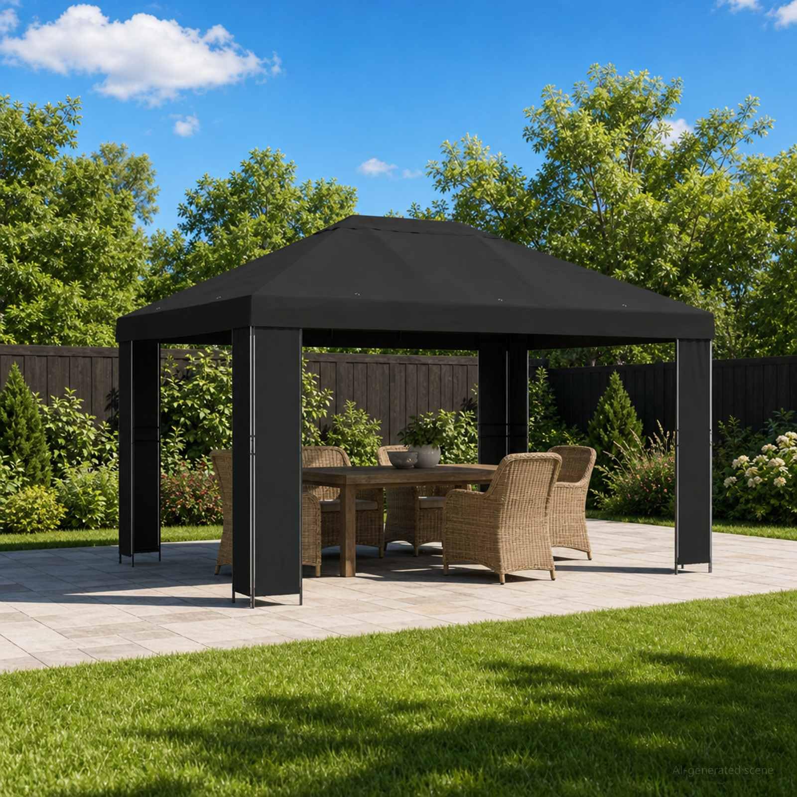 Pavillon 4 × 3 m Noir en Polyester 190 GSM et Acier Robuste pour Jardin Terrasse Patio extérieur avec Toit et Protection Soleil Pluie Vent