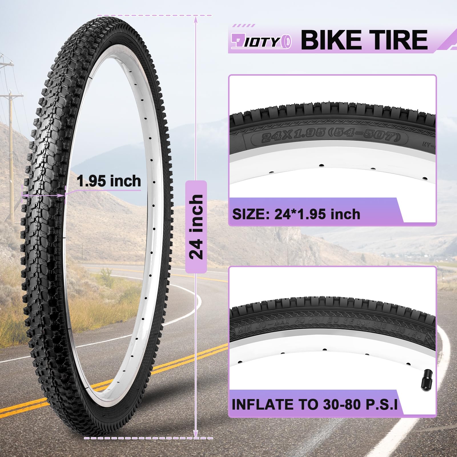 Mountainbike-Reifen-Set, 61 cm (24 Zoll), 24 x 1,95, 54–507, klappbar, Ersatzreifen für Mountainbikes, Geländefahrräder und Fahrradschläuche, Schrader-Ventil, kompatibel mit Reifenhebern