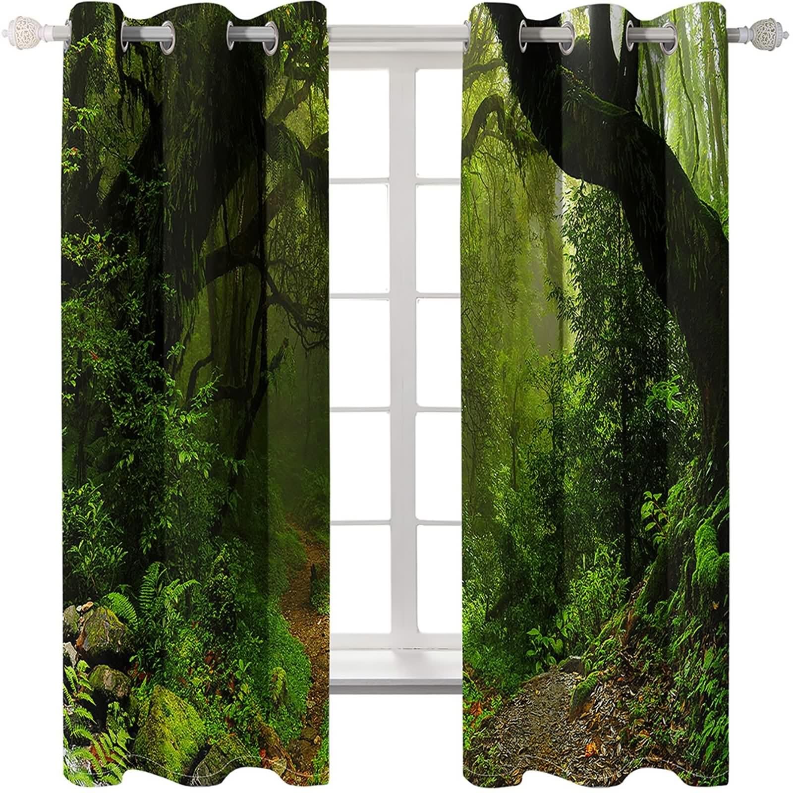 Verdunklungsvorhänge Grün, Vorhänge Vintage Polyester Grüner Wald Gardine 2er Set B 107 x H 160 cm