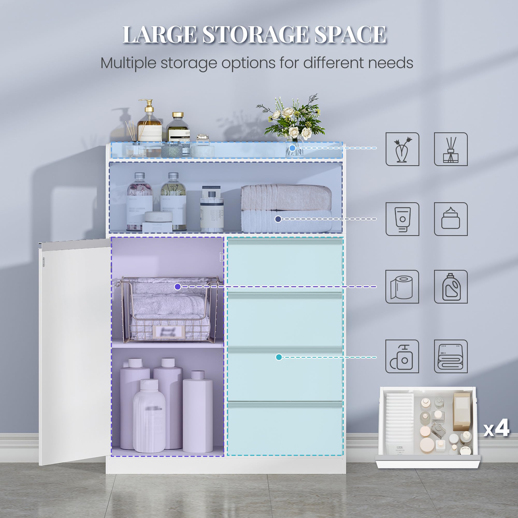 HEXCELEN Mobile da Bagno, Armadietto Autoportante, con 4 Cassetto e Ripiano Regolabile, Armadietto da Salvaspazio con Cassetto Spazioso, per Bagno, Soggiorno, Corridoio, Bianco, 30 x 80 x 110 cm