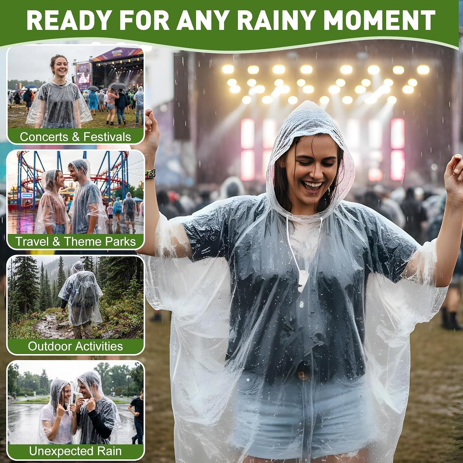 Hydro2Go Disposable Rain Ponchos for Adults, 4 Pack Clear Ponchos with Hood, 40 x 50 Inches Lightweight Emergency Poncho, Compact Family Pack, Individually Packed for Travel, Camping & Hiking