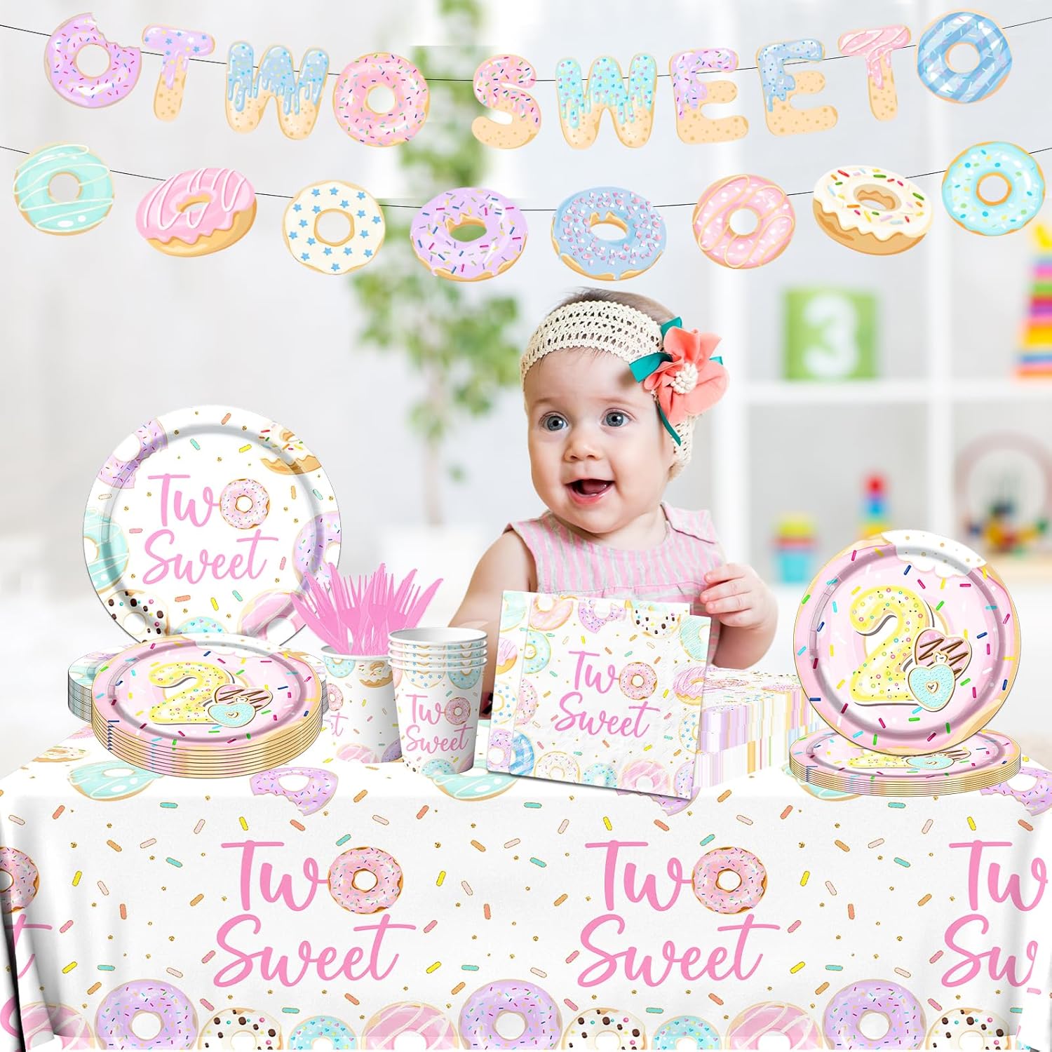 Two Sweet Donut 142Pcs 2nd Birthday Party Supplies - Baby Girl 2 Years Old Decoration Set - Disposable