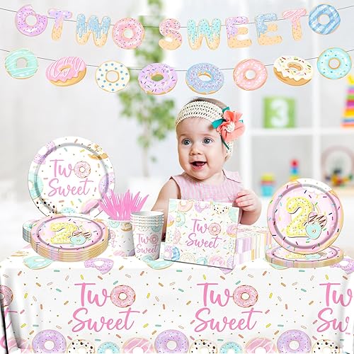 Miniatura 2 de Dos suministros para fiesta de cumpleaños de Sweet Donut - Juego de vajilla de 142 piezas de 2 dona para bebé niña de 2 años de edad, platos de dona