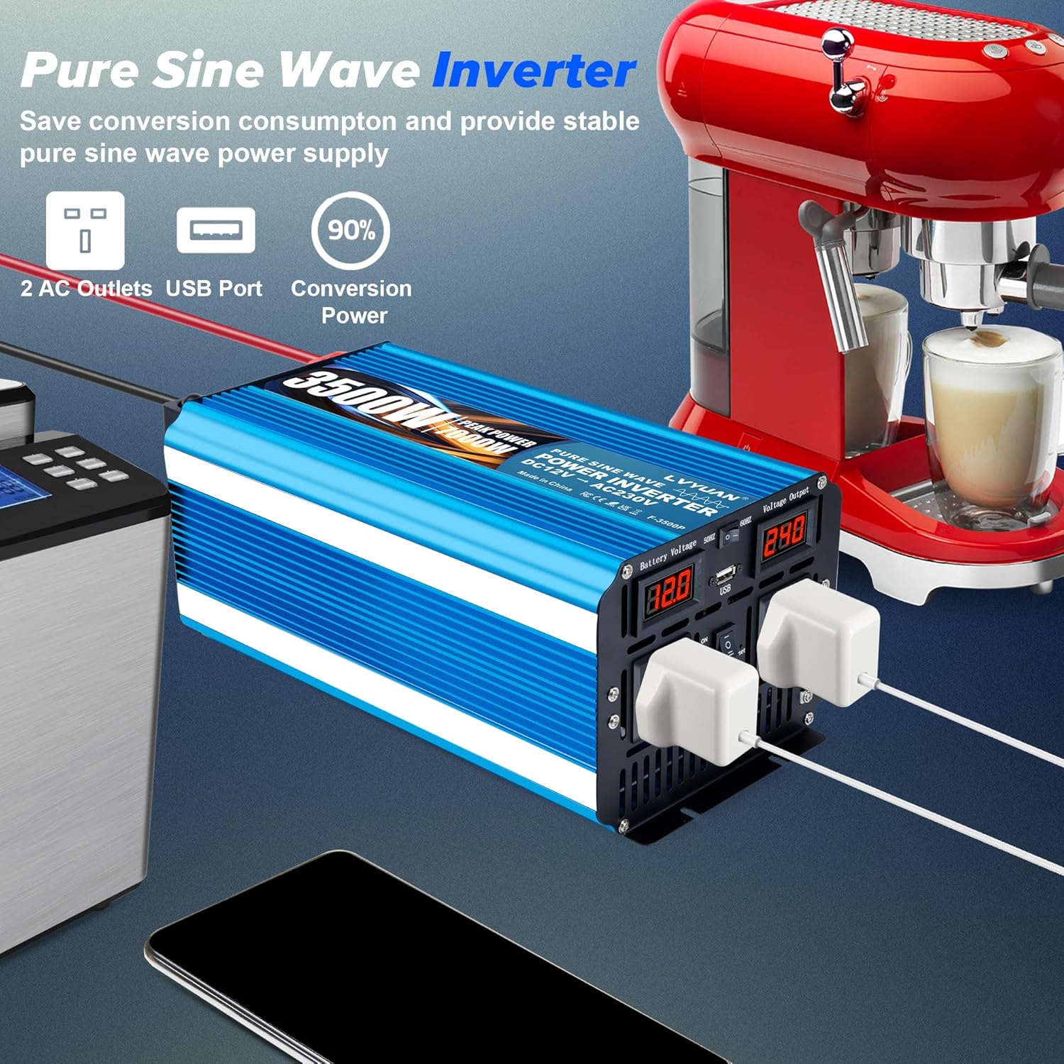 LVYUAN Pure Sine Wave Inverter connected to a coffee machine and a smartphone, demonstrating its use.