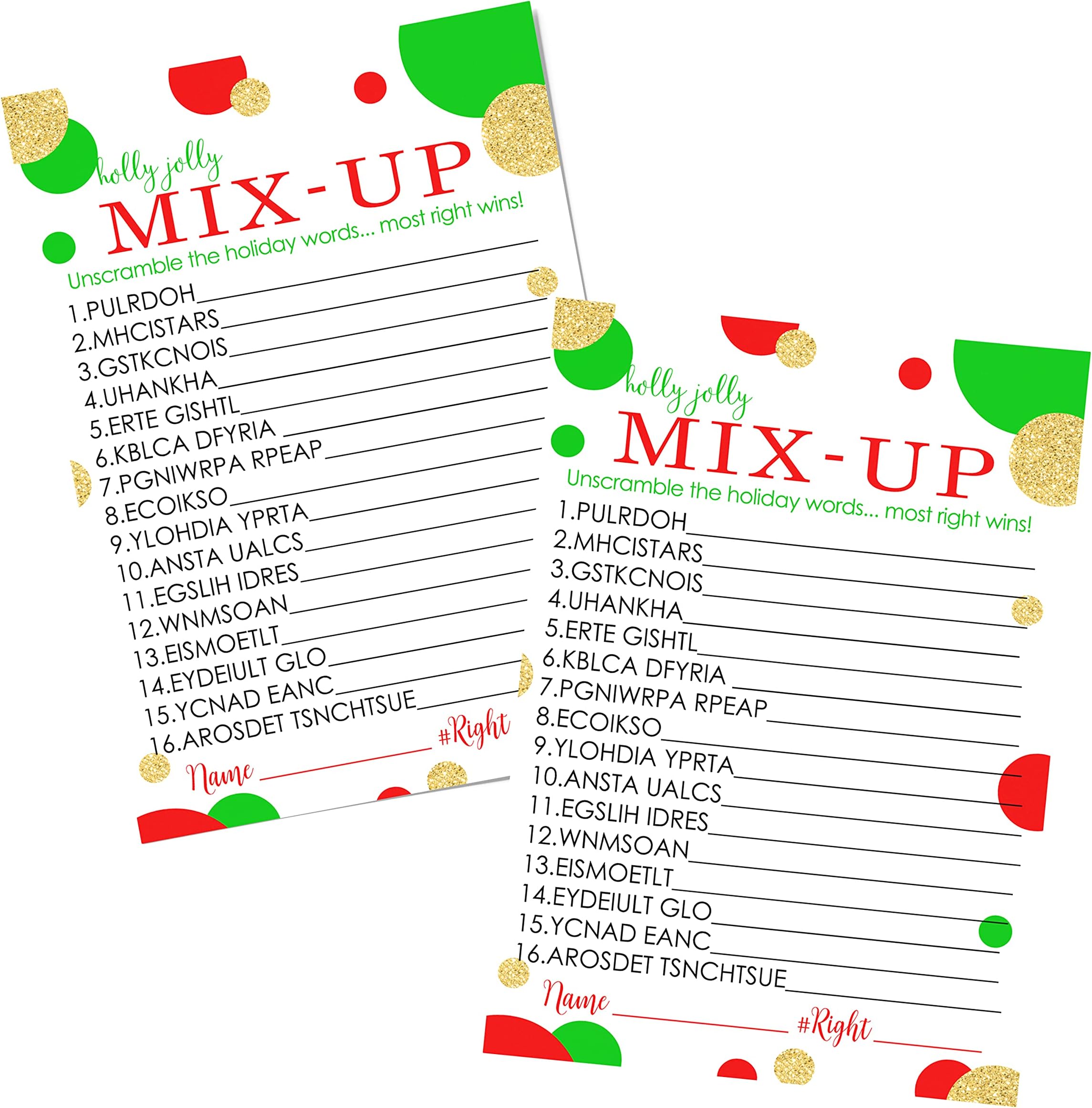 Paper Clever PartyChristmas Word Scramble Game Pack of 25 Cards โ Unscramble Activity for Adults, Kids, Groups and Coworkers โ Holiday Event Supply Red Green and Gold 4x6 Printed Set -