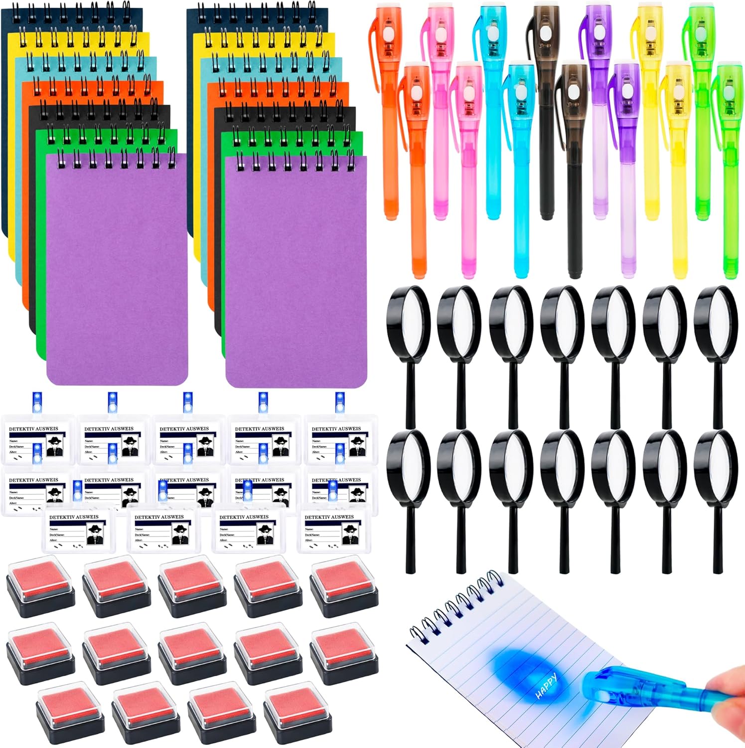 70 Pcs Detective Party Favors Invisible Ink Pen with UV Light Notebook Set Spy Magic Pen Agent Name Tag Magnifying Glass Ink Pad for Kid Spy Escape Room Party Favors Goodie Bag Stuffers