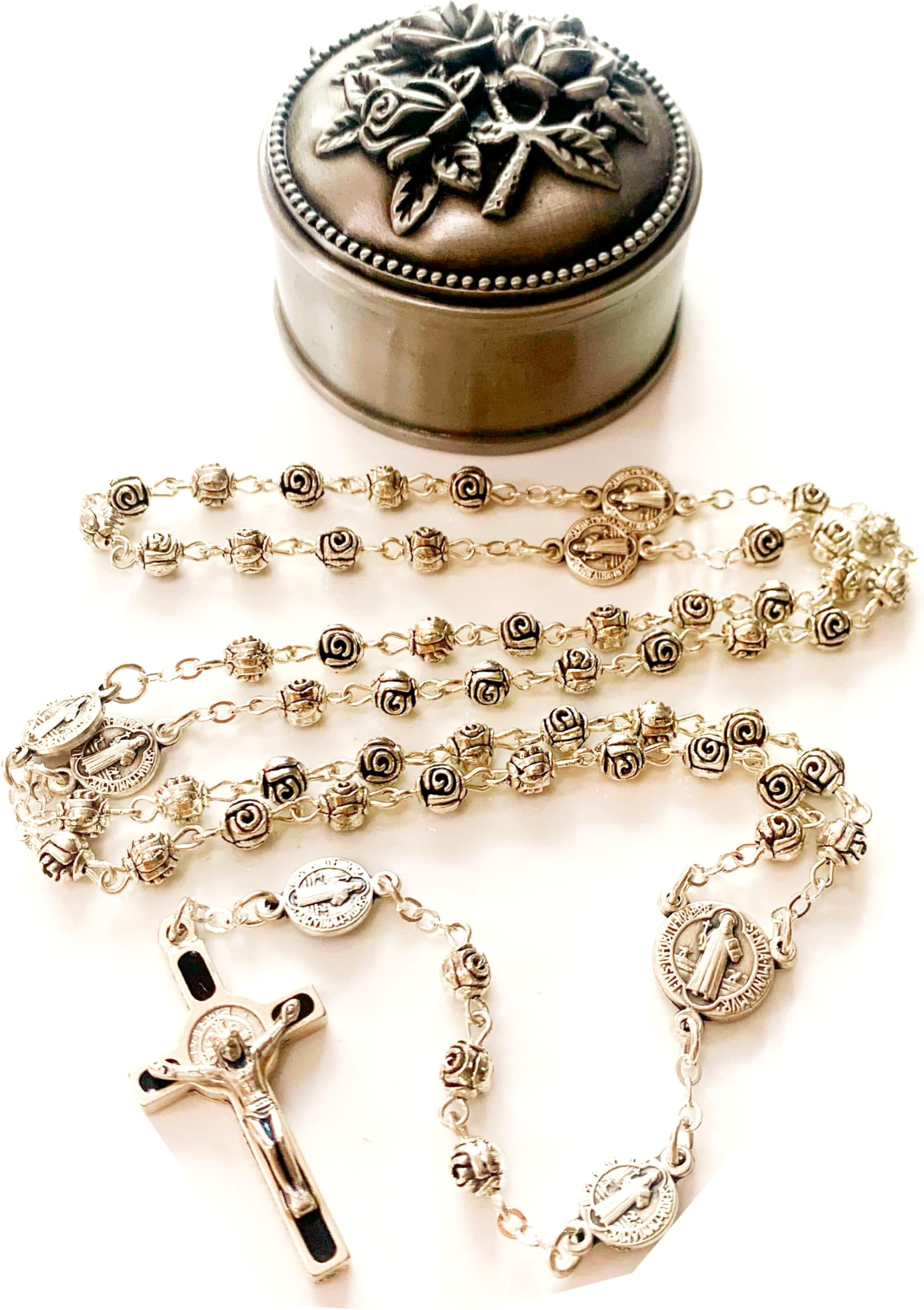Handmade Silver Rose Beads St. Benedict Rosary Catholic Necklace Crucifix Cross Jerusalem