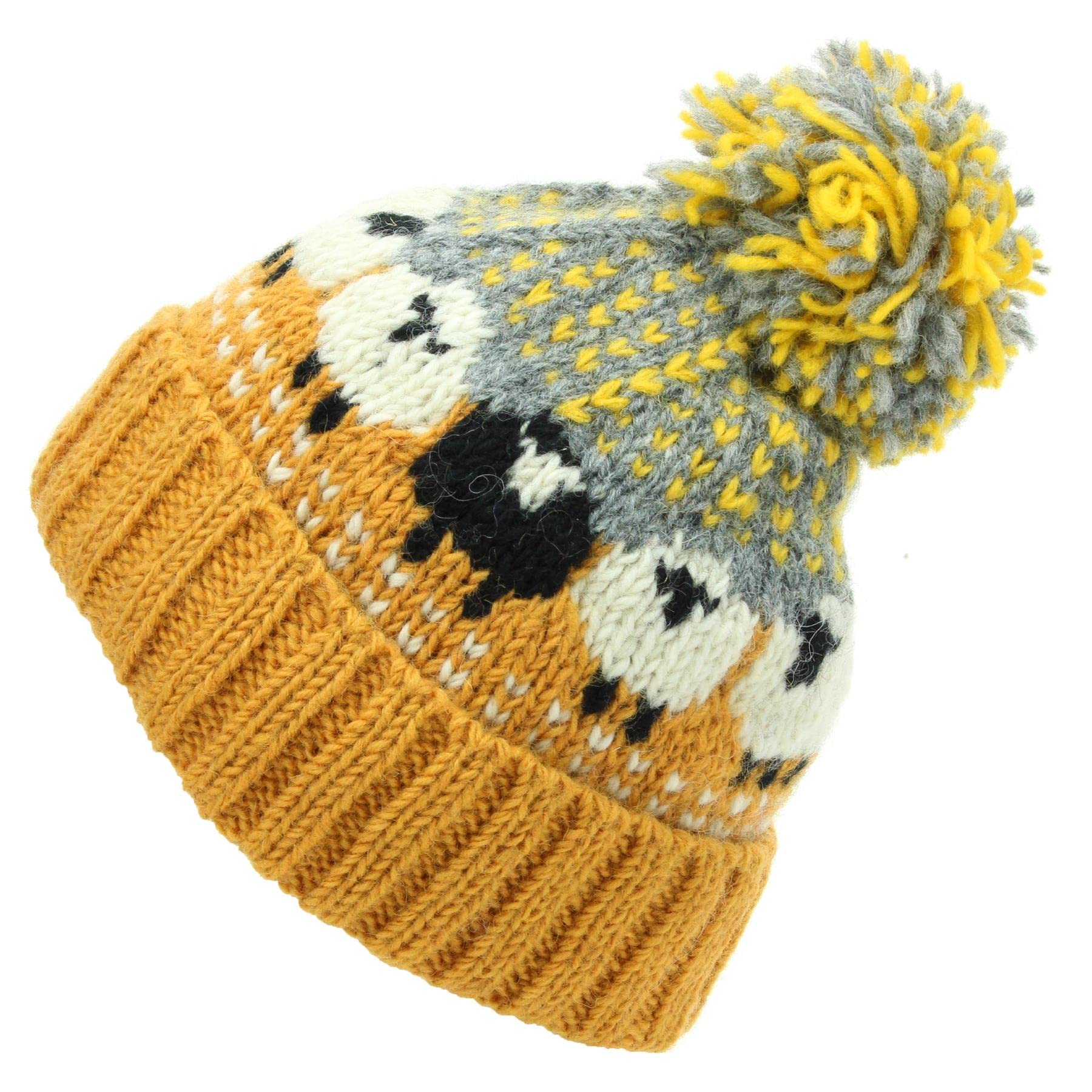 Loudelephant Orange Wool Knit Bobble Beanie Hat - Sheep