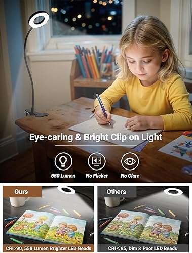 Miniatura 4 de Luz de clip, 3 colores + 10 luces de lectura de brillo para libros en la cama, lámpara de escritorio brillante de 550 lúmenes con abrazadera,