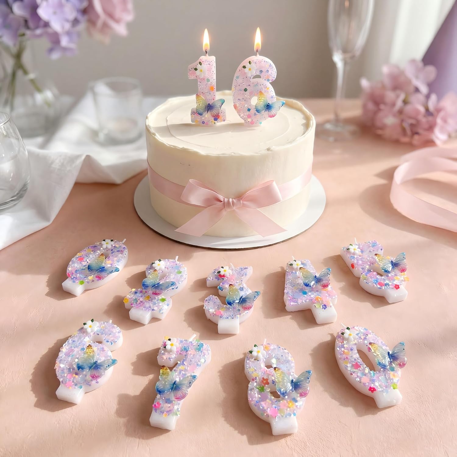 Glitter Number 5 Birthday Candle with Butterfly & Flower - Pink Sparkle Cake Candle for Women Girls - Fairy Fifth Birthday Decorations Princess Party Baby Shower