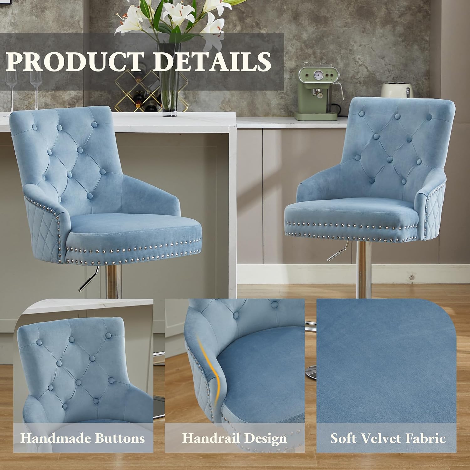 Velvet Swivel Bar Stools Set of 2, Upholstered Bar Stool with Button Tufted Back and Pull Ring, Height Adjustable Swivel Barstools, Light Blue
