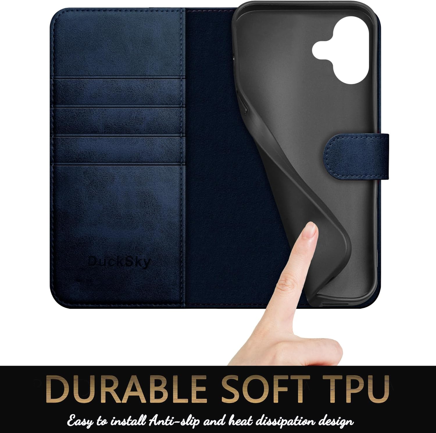 DuckSky Compatible with iPhone 17 6.3" Genuine Leather Wallet case【RFID Blocking】【4 Credit Card Holder】【Real Leather】 Flip Phone case Cover Women Men for Apple 17 case Dark Blue