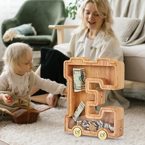 Miniatura 2 de NBTORCH Alcancía grande  Alcancía de madera interconectable, alcancía del alfabeto X con ruedas para adultos, niños y niñas (Initial-X)