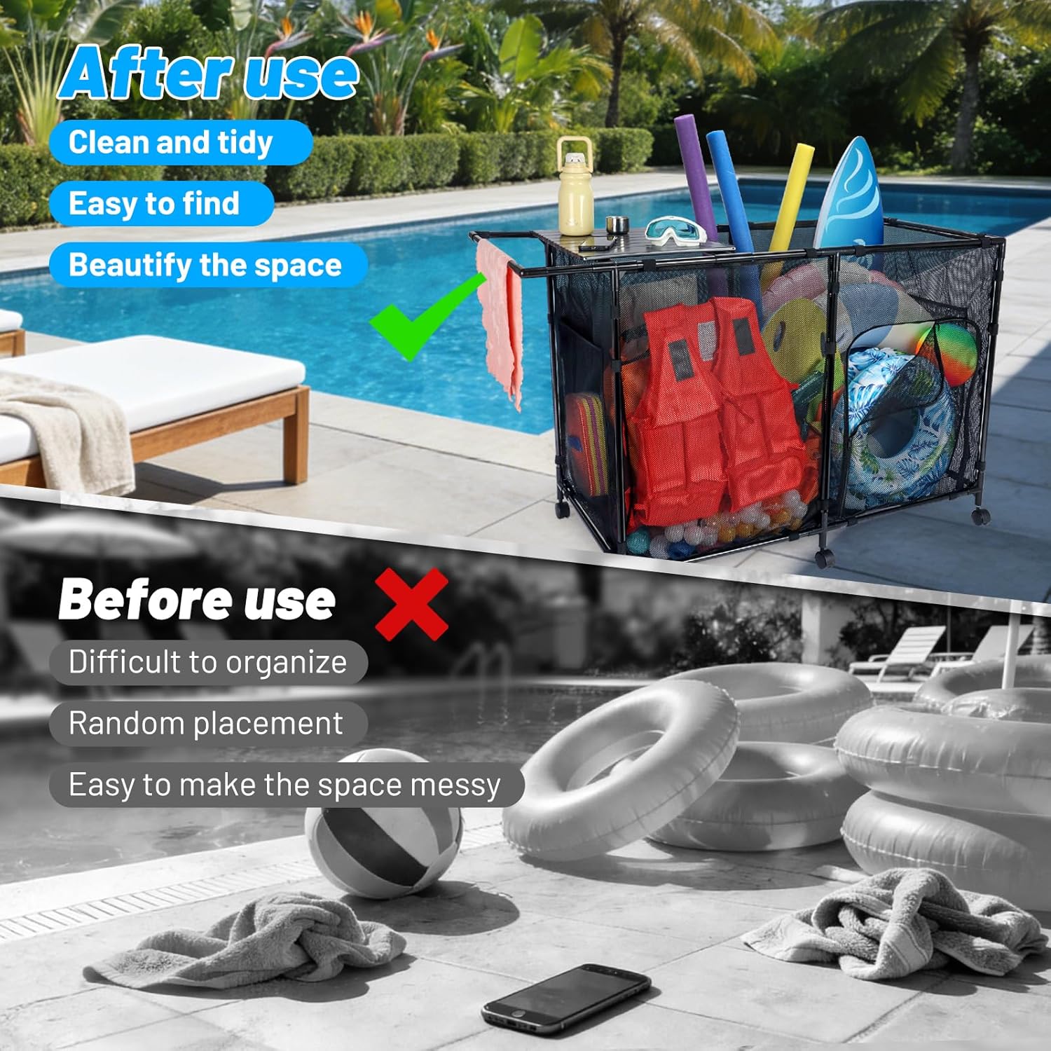 270Gal Pool Storage Organizer with Tabletop,Towel Bar,Zipper Doors,360° Rotating Wheels,Weather-Resistant,Easy Assembly,for Indoor Outdoor,Pool,Patio,Beach (L Size)
