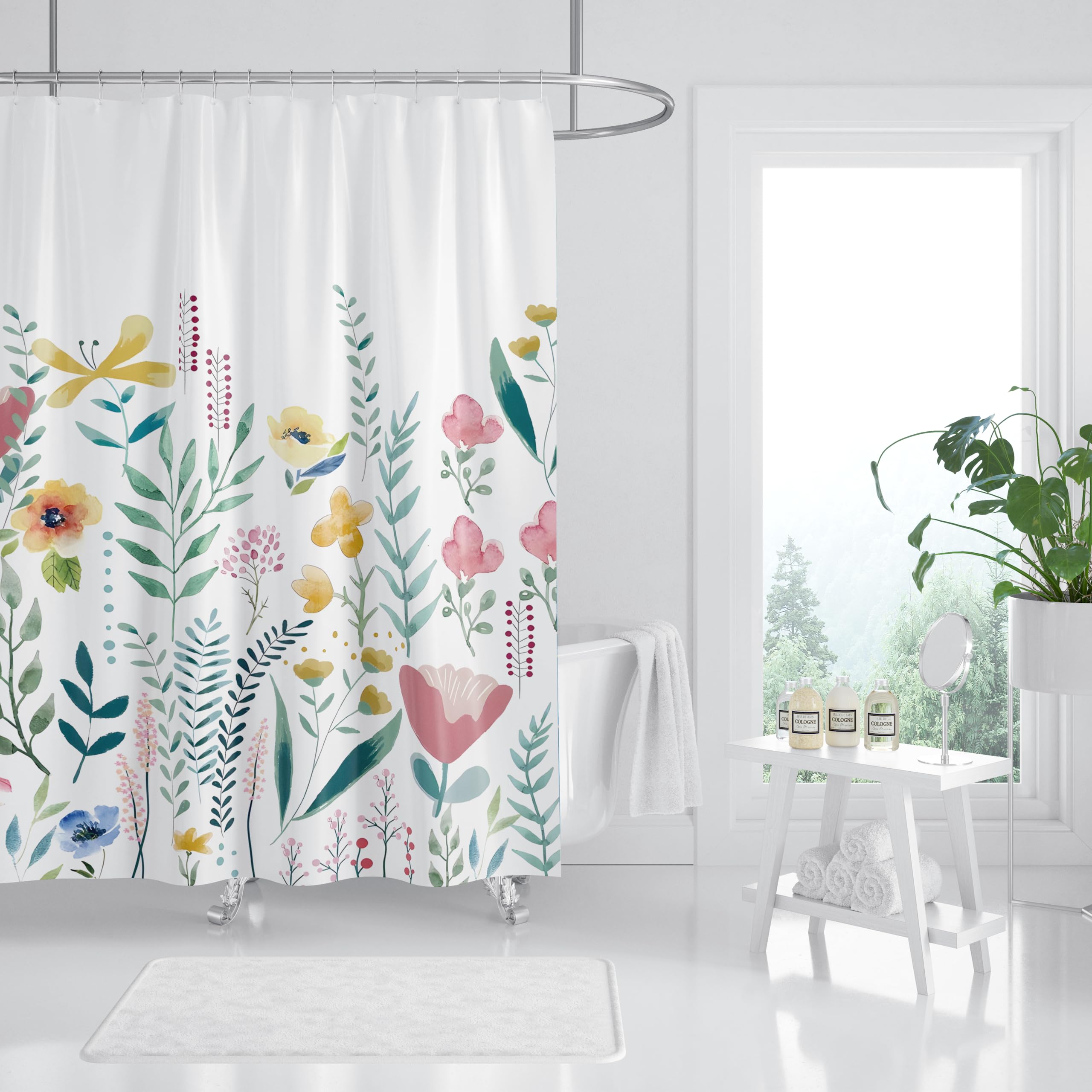 Shower Curtain White Mould Proof Resistant Waterproof Flower Bathroom Curtains with 12 hooks Quick-Drying Weighted 180x180cm (71x71Inch) Polyester Shower Curtains for Bathroom Wet Room Tub - Image 4