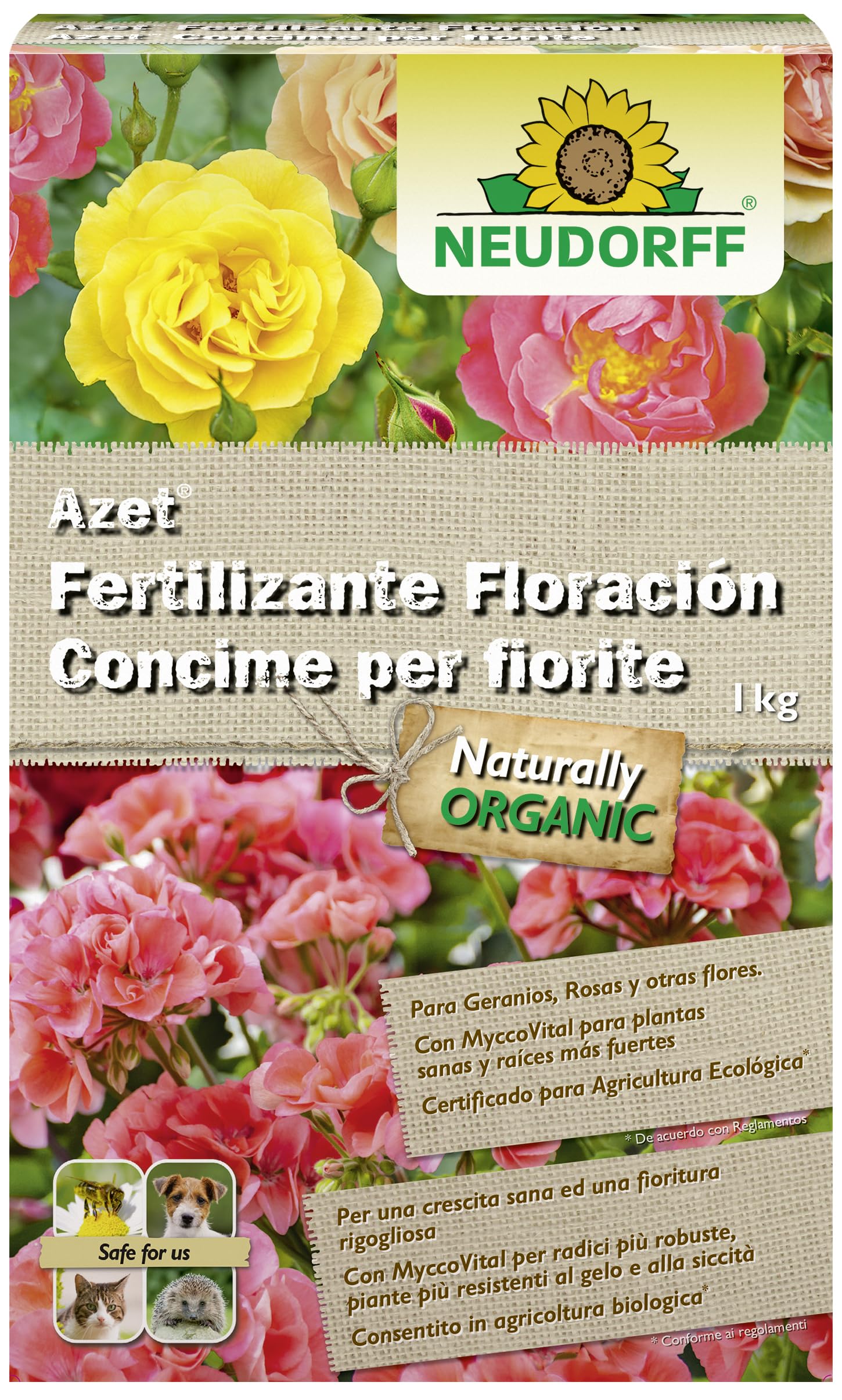 Neudorff Azet Fertilizante Floración – Fertilizante orgánico que estimula una floración abundante en geranios, rosas y otras flores, 1 kg