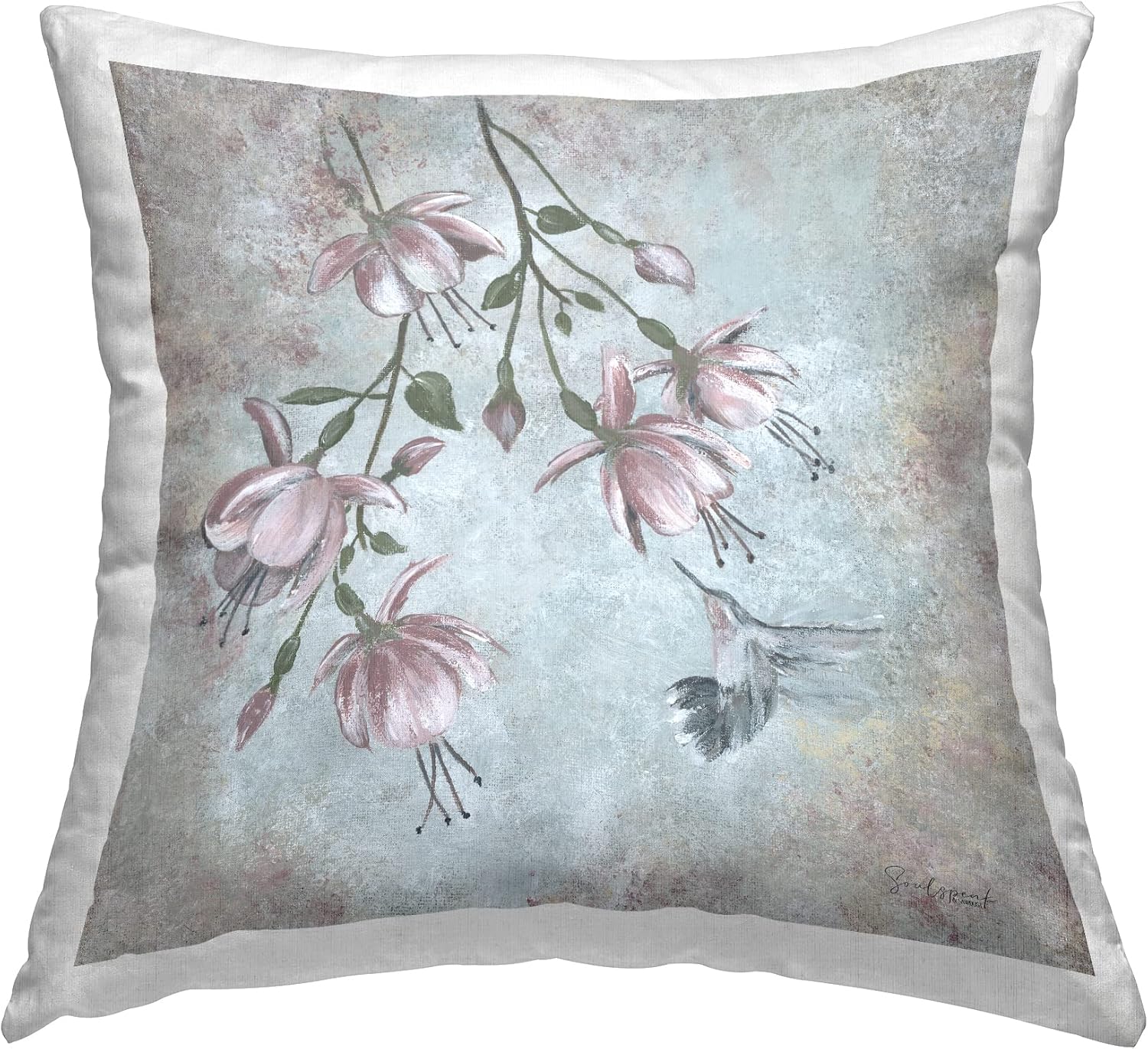 Stupell Industries Classic Hummingbird Pink Blossoms Design by Soulspeak & Sawdust Throw Pillow, 18 x 18, Grey