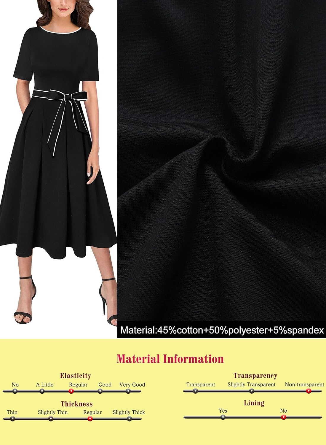 VFSHOW Womens Elegant Patchwork Pockets Pleated Work Office Business Casual Party Belted A-Line Midi Dress - Image 6