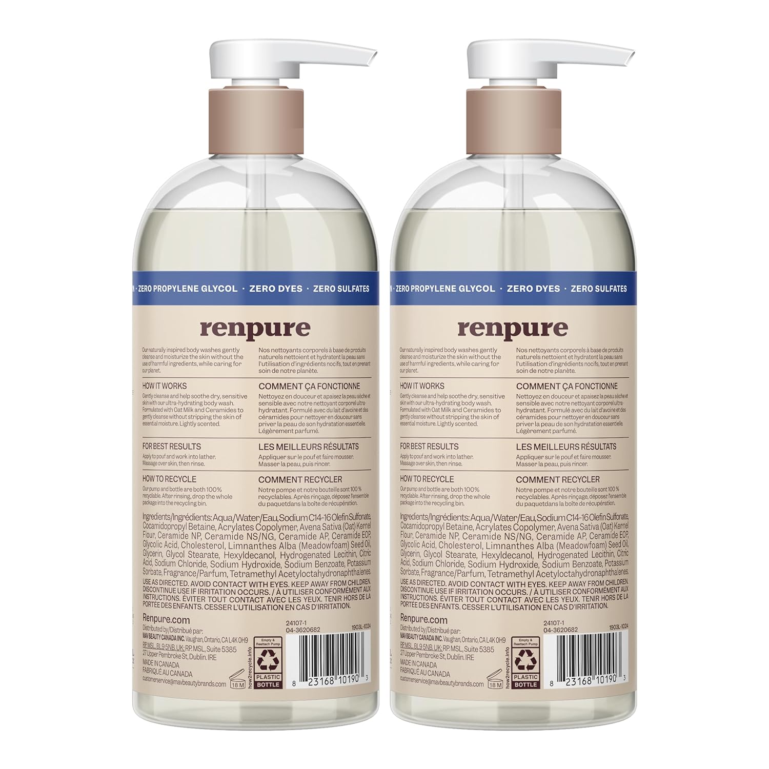 Renpure Oat Milk & Ceramides Body Wash - For Gentle Cleansing & Hydration - For Sensitive Skin - Oat Milk & Ceramides - 24 Fl Oz each, 2 Pack - Image 2