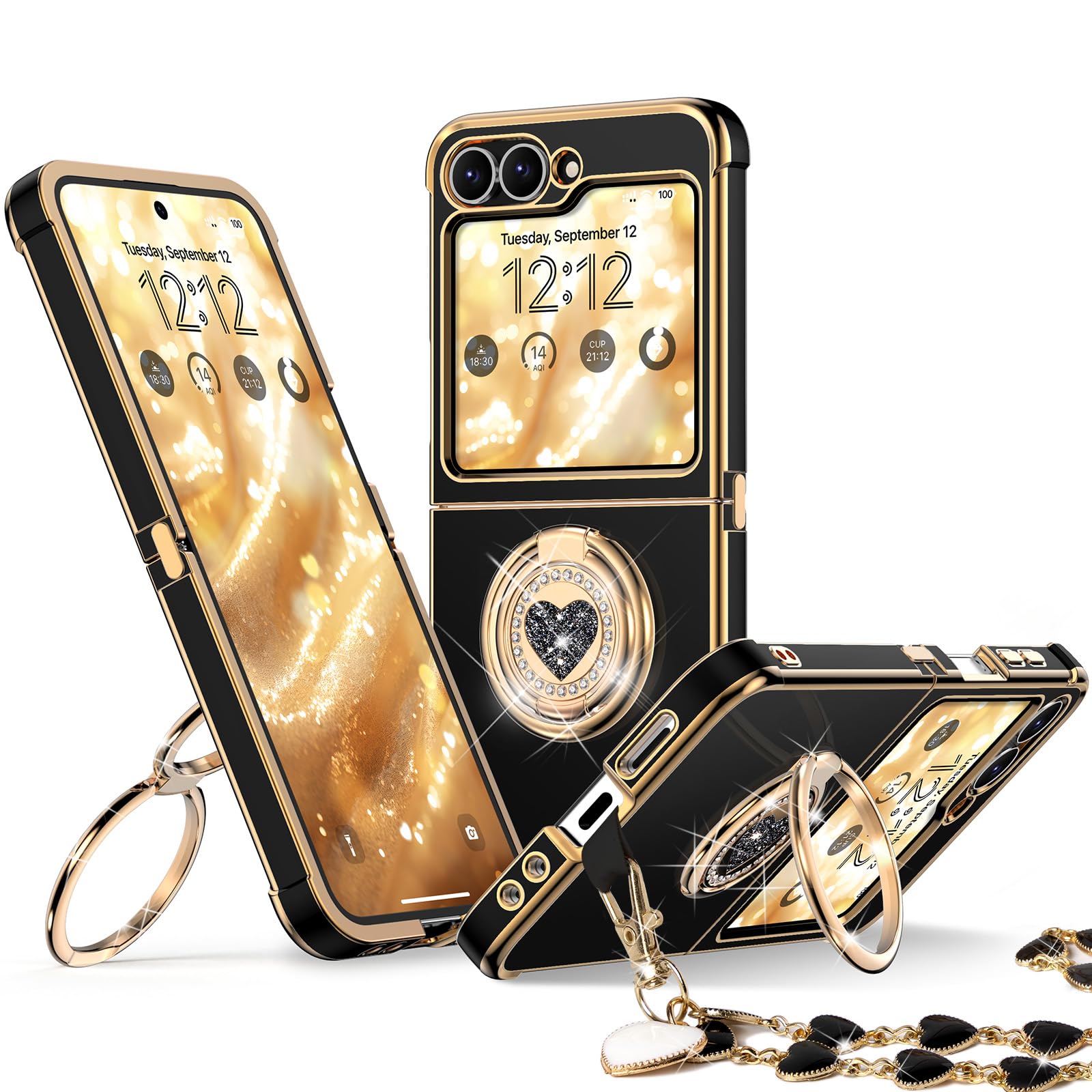 XYZ for Samsung Galaxy Z Flip 6 case with Stand,Z Flip 5 Phone Case with Double Ring & Strap,Women Girls Cute Love-Heart Luxury Bling Protective Cover Heart for Samsung Z Flip 6/5, Black