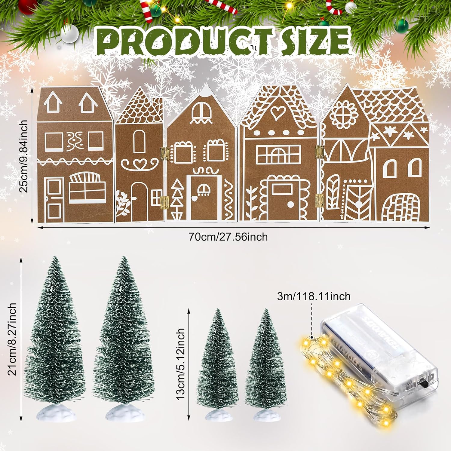Chunful Foldable Christmas Gingerbread House Tabletop Decoration with LED String and 4 Xmas Village Trees Foldable Christmas Gingerbread House Holiday Indoor Wooden Centerpieces for Mantel Home Decor - Image 2