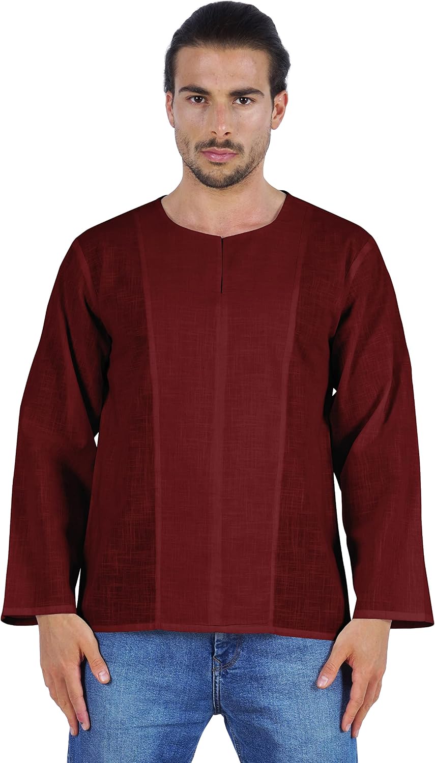 Atasi Long Sleeve Kurta for Men Solid Slub Cotton Round Neck Ethnic Shirt