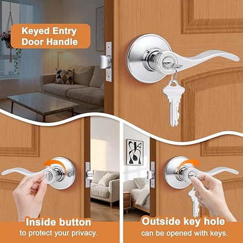 Miniatura 10 de Probrico - Paquete de 5 manijas de entrada con llave de estilo ondulado, manijas de puerta reversibles con llave con cerradura y llaves iguales,