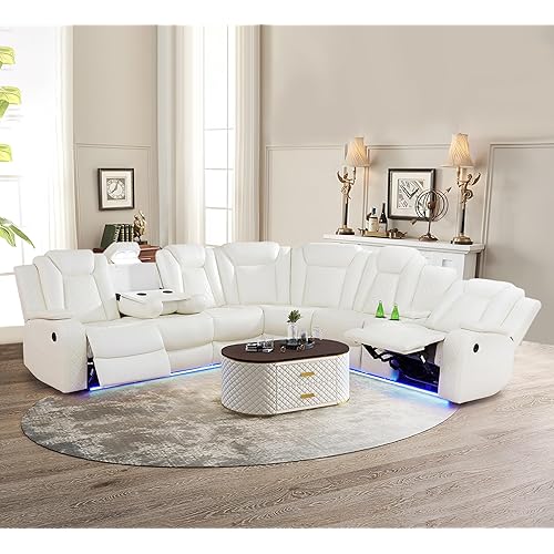 Power Recliner Sectional Sofa with LED Light, Breathing Leather Power Reclining Sofa, Sectional Reclining Couch with USB Port/Cup Holder/Storage for Living Room (Cream White)